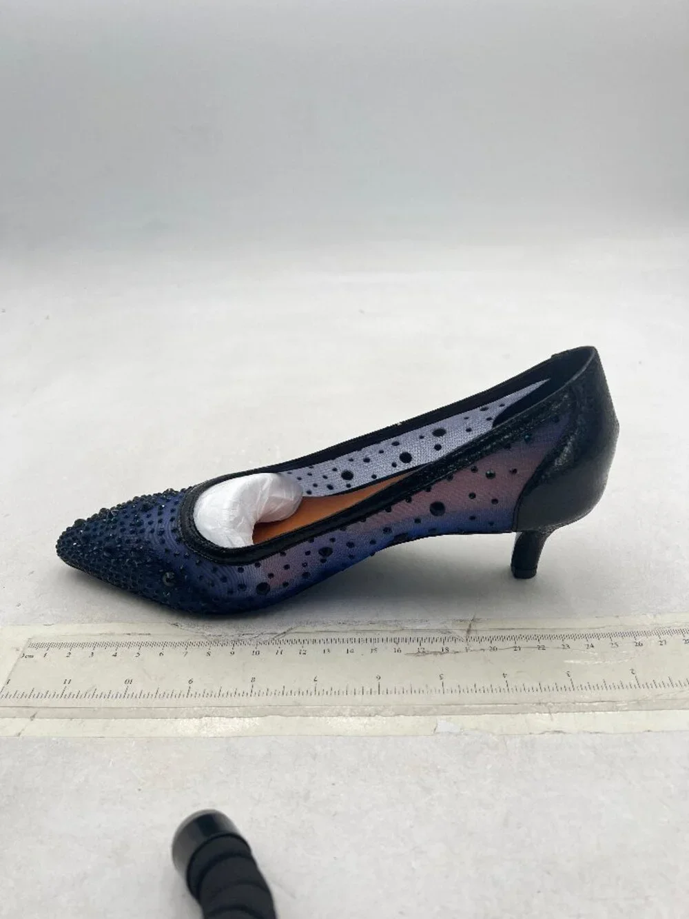 XYD Navy Pointed Closed Toe Slip On Graceful Mesh Pumps Rhinestone Studs Shoes